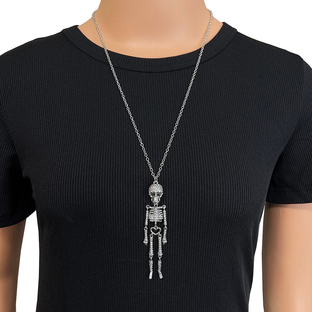 Betsey Johnson Crystal Skeleton Necklace New $58 Halloween Silver Rhinestones